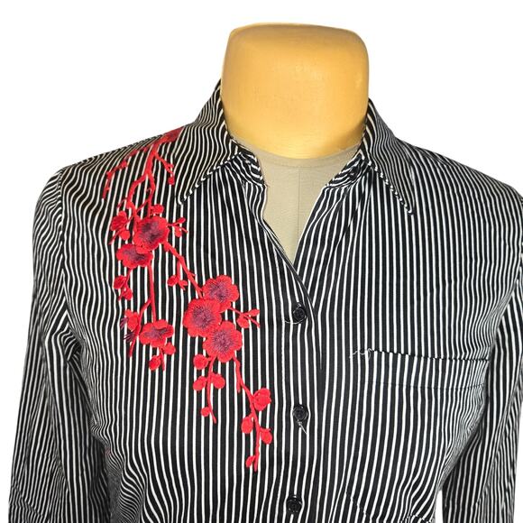 7th Avenue Design Studio NY&Co Womens Medium Shirt Embroidered Floral Striped - Picture 3 of 12